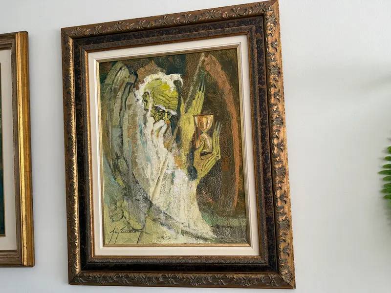 Foto de um(a) Ney Tecídio (1929–1988) – O Senhor do Tempo – Óleo sobre tela, da categoria de Telas, divisórias e biombos. Obra original do pintor, desenhista e professor brasileiro Ney Tecídio, membro da Academia Brasileira de Belas Artes,... Mostrado de uma perspectiva diferente. Vendido no marketplace Trésors.