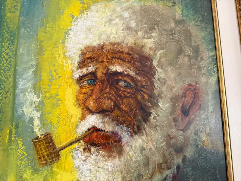 Foto de um(a) Ney Tecídio (1929–1988) – Retrato de homem com cachimbo – Óleo sobre tela, da categoria de Pinturas. Obra original do pintor, desenhista e professor brasileiro Ney Tecídio, membro da Academia Brasileira de Belas Artes,... Mostrado de uma perspectiva diferente. Vendido no marketplace Trésors.