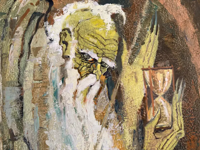 Foto de um(a) Ney Tecídio (1929–1988) – O Senhor do Tempo – Óleo sobre tela, da categoria de Telas, divisórias e biombos. Obra original do pintor, desenhista e professor brasileiro Ney Tecídio, membro da Academia Brasileira de Belas Artes,... Mostrado de uma perspectiva diferente. Vendido no marketplace Trésors.