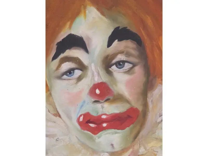 Foto de um(a) Erico da Silva (1968) - "Retrato de Palhaço" - Óleo sobre Tela, da categoria de Pinturas. Belíssimo quadro assinado por Erico da Silva, representando um palhaço com expressão melancólica e profunda. A obra possui... Mostrado de uma perspectiva diferente. Vendido no marketplace Trésors.