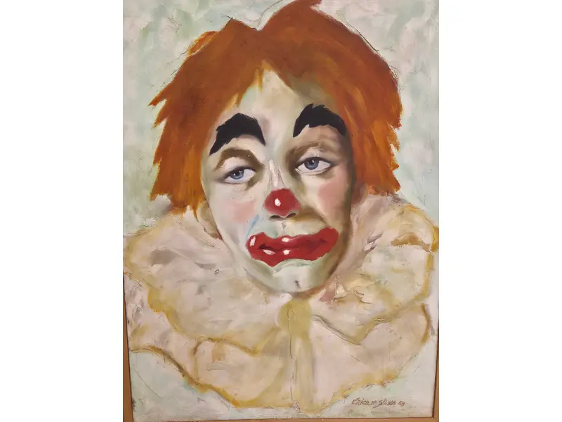 Foto de um(a) Erico da Silva (1968) - "Retrato de Palhaço" - Óleo sobre Tela, da categoria de Pinturas. Belíssimo quadro assinado por Erico da Silva, representando um palhaço com expressão melancólica e profunda. A obra possui... Mostrado de uma perspectiva diferente. Vendido no marketplace Trésors.