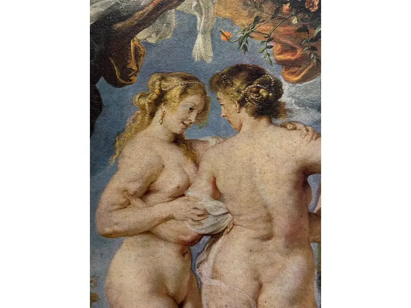 Foto de um(a) Impressão antiga “As Três Graças”, com moldura, da categoria de Arte têxtil. Antiga impressão com moldura de madeira.“As Três Graças”Mede: 62x54cm. Mostrado de uma perspectiva diferente. Vendido no marketplace Trésors.