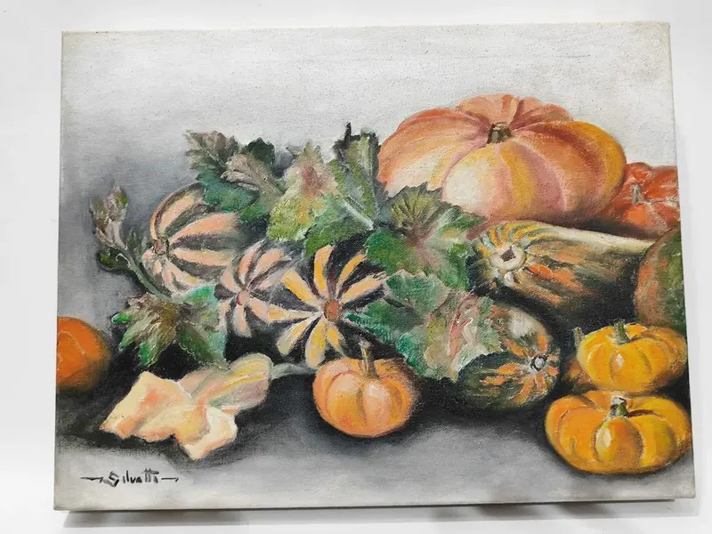 Foto de um(a) Abóboras, Óleo sobre Tela, Paulo Silvatti, 00'S, da categoria de Pinturas. Abóboras ii óleo sobre tela com chassi tipo painel anos 2000 autor: paulo silvatti. A: 27 cm L: 35 cm P: 3,5 cm Peso: 440 g. Mostrado de uma perspectiva diferente. Vendido no marketplace Trésors.