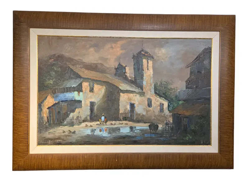 Foto de um(a) Quadro Pintura Reflexos do Tempo: Vilarejo em Óleo - Pablo Matania, da categoria de Pinturas. Grande artista argentino. Esta belíssima obra de Pablo Matania captura a essência da vida rural com uma sensibilidade única.... Vendido no marketplace Trésors.