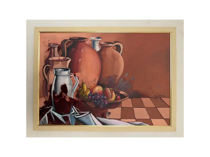 Foto de um(a) Romano Di Martino - Frutta e Terracotta, 2004, Óleo Sobre Tela 50 x 70 cm assinado a mão e com moldura, da categoria de Pinturas. Vendido no marketplace Trésors.