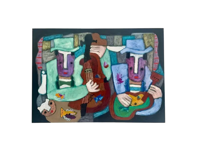 Foto de um(a) Asfaduroff Nibbes - Les Musiciens, da categoria de Pinturas. Asfaduroff Nibbes, Les Musiciens 2025, em acrílico sobre tela, AST, AC, chassis largo, dedicatória do autor. 50 x 70 x 5cm. Vendido no marketplace Trésors.