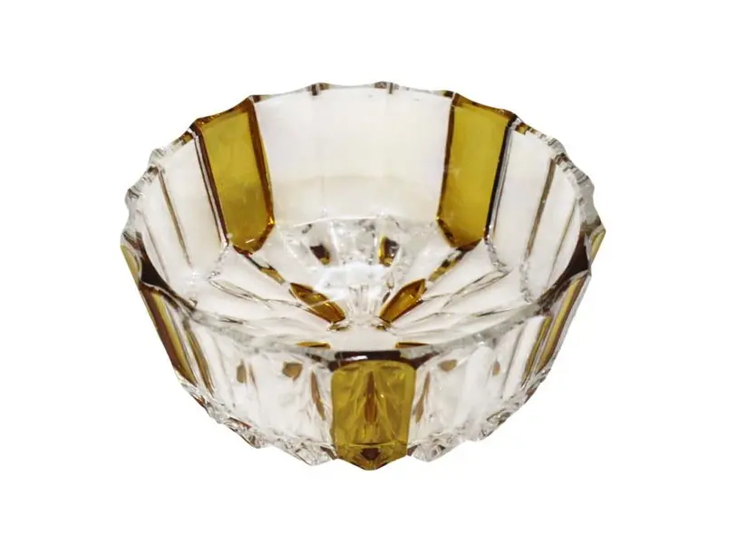 Foto de um(a) Conjunto com 6 peças para sobremesa em cristal facetado, da categoria de Conjuntos de servir. Delicado conjunto de 6 peças para sobremesa, possivelmente alemão em fino cristal translúcido facetado com detalhes âmbar.... Mostrado de uma perspectiva diferente. Vendido no marketplace Trésors.