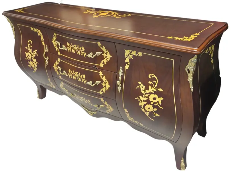 Foto de um(a) Balcão Buffet Bombê Antigo em Madeira Nobre com Marchetaria e Bronze, da categoria de Aparadores e Buffet. Excepcional Balcão Buffet Bombê com Rica Marchetaria e Bronze Uma obra-prima do mobiliário clássico, este balcão buffet une... Vendido no marketplace Trésors.
