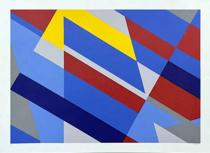 Foto de um(a) Claúdio Tozzi - Geometrico é uma serigrafia exemplar 1 de 20, medindo 48 x 66 cm (obra) e 60 x 78 (moldura) e assinada à mão, da categoria de Serigrafia. Claudio Tozzi é doutor em arquitetura pela Faculdade de Arquitetura e Urbanismo da Universidade de São Paulo (FAU/USP). Em... Mostrado de uma perspectiva diferente. Vendido no marketplace Trésors.