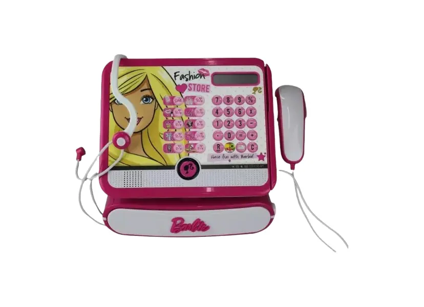 Foto de um(a) Caixa registradora da Barbie, da categoria de Brinquedos antigos. Divertida caixa registradora da Barbie com o microfone e scaner da marca INTEK/MATTEL. Alimentada a pilhas AA, possui 3... Vendido no marketplace Trésors.