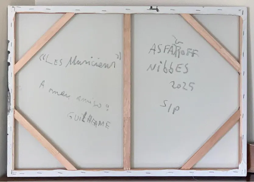 Foto de um(a) Asfaduroff Nibbes - Les Musiciens, da categoria de Pinturas. Asfaduroff Nibbes, Les Musiciens 2025, em acrílico sobre tela, AST, AC, chassis largo, dedicatória do autor. 50 x 70 x 5cm. Mostrado de uma perspectiva diferente. Vendido no marketplace Trésors.