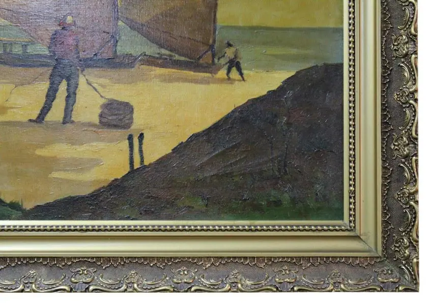 Foto de um(a) Quadro OST com paisagem de velas e pescador, da categoria de Pinturas. Belo quadro OST com paisagem de velas e pescador na praia em policromia. Possui exuberante moldura em madeira nobre e... Mostrado de uma perspectiva diferente. Vendido no marketplace Trésors.