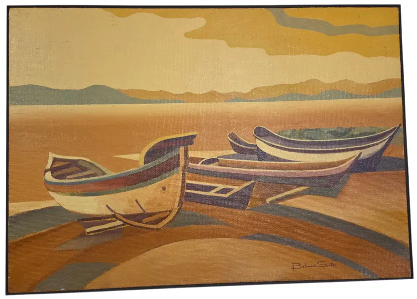 Foto de um(a) Quadro Antigo Belmiro Santos - "Canoas de Pesca", Óleo Original Assinado, da categoria de Pinturas. Belo Óleo sobre Tela de Belmiro Santos – Marinha Modernista em Tons Ocres e Dourados Apresentamos uma encantadora pintura... Mostrado de uma perspectiva diferente. Vendido no marketplace Trésors.