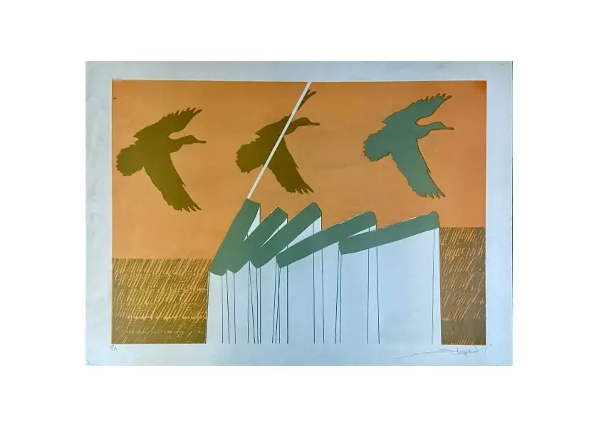 Foto de um(a) Gilberto Salvador - Serigrafia original, assinada a mão e datada de 1981, medindo 48 x 66 cm (com moldura de alumínio escovado e vidro), da categoria de Serigrafia. Gilberto Salvador, nascido em São Paulo em 1946, é um artista multidisciplinar brasileiro que se destacou como pintor,... Mostrado de uma perspectiva diferente. Vendido no marketplace Trésors.