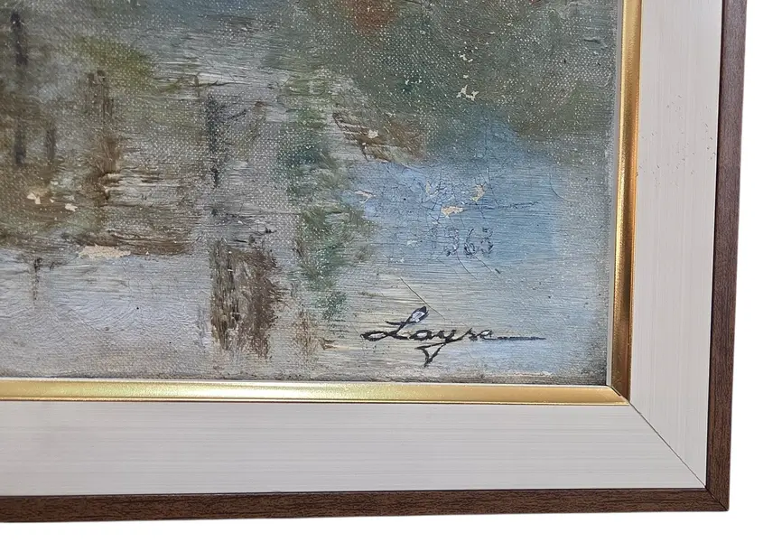 Foto de um(a) Quadro Pintura Óleo Sobre Tela 1963 "Margens do Rio" – Assinado, da categoria de Pinturas. Mostrado de uma perspectiva diferente. Vendido no marketplace Trésors.