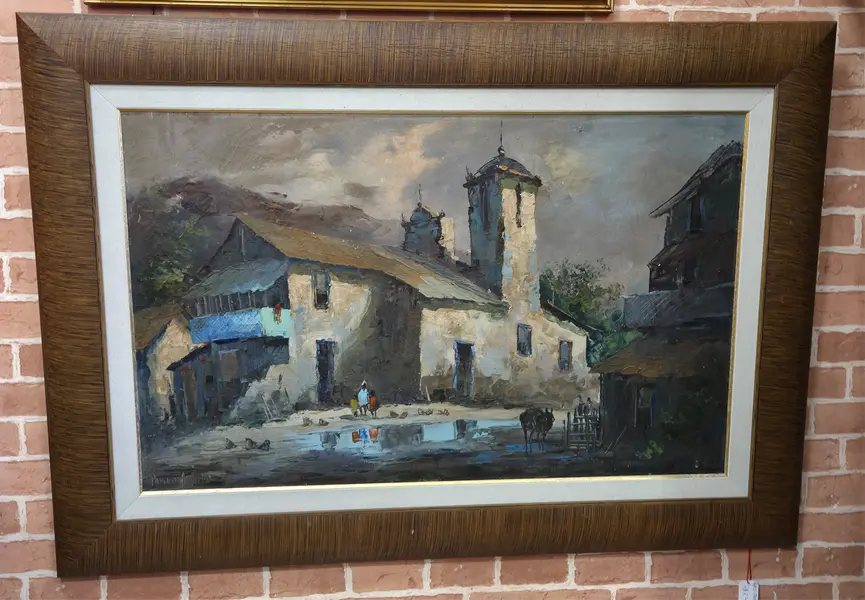 Foto de um(a) Reflexos do Tempo: Vilarejo em Óleo - Pablo Matania, da categoria de Pinturas. Grande artista argentino. Esta belíssima obra de Pablo Matania captura a essência da vida rural com uma sensibilidade única.... Mostrado de uma perspectiva diferente. Vendido no marketplace Trésors.