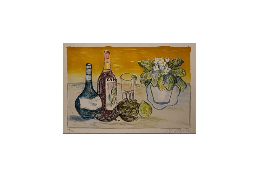 Foto de um(a) AGI STRAUS - Sobre a mesa é uma litografia com 41 x 60 cm e com moldura e assinada à mão, da categoria de Serigrafia. Vendido no marketplace Trésors.