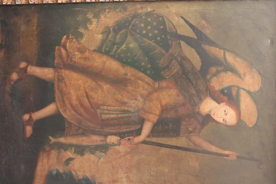 Foto de um(a) Quadro Cusquenho OSD Arcanjo Rafael, da categoria de Pinturas. ARTE SACRA - Antigo e suntuoso quadro cusquenho OSD com figura Arcanjo Rafael, na tradição cristã, Rafael aparece como guia... Mostrado de uma perspectiva diferente. Vendido no marketplace Trésors.