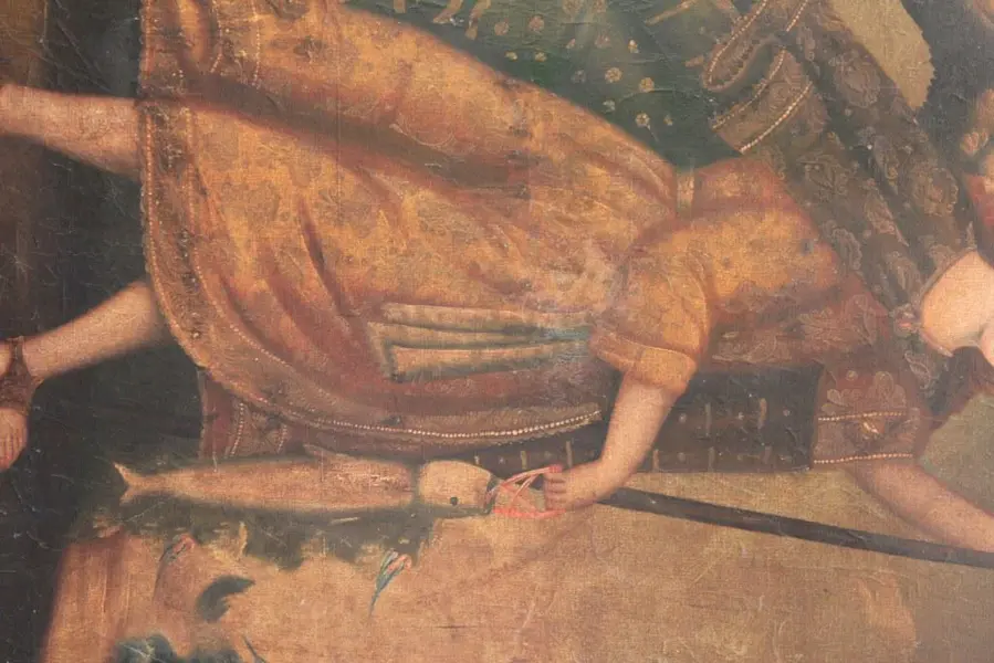 Foto de um(a) Quadro Cusquenho OSD Arcanjo Rafael, da categoria de Pinturas. ARTE SACRA - Antigo e suntuoso quadro cusquenho OSD com figura Arcanjo Rafael, na tradição cristã, Rafael aparece como guia... Mostrado de uma perspectiva diferente. Vendido no marketplace Trésors.