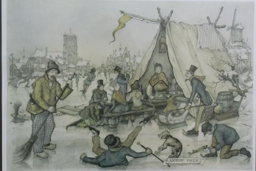 Foto de um(a) Gravura Anton Pieck, da categoria de Impressões. Gravura de uma cena de inverno com pessoas em atividades, caracterizada pelo estilo do artista holandês ANTON PIECK. Moldura... Mostrado de uma perspectiva diferente. Vendido no marketplace Trésors.