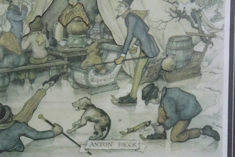 Foto de um(a) Gravura Anton Pieck, da categoria de Impressões. Gravura de uma cena de inverno com pessoas em atividades, caracterizada pelo estilo do artista holandês ANTON PIECK. Moldura... Mostrado de uma perspectiva diferente. Vendido no marketplace Trésors.