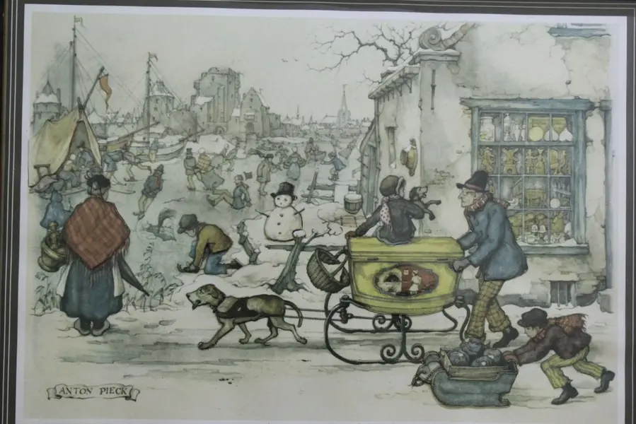 Foto de um(a) Gravura Anton Pieck - cena de inverno, da categoria de Impressões. Gravura de uma cena de inverno com pessoas em atividades, caracterizada pelo estilo do artista holandês ANTON PIECK. Moldura... Mostrado de uma perspectiva diferente. Vendido no marketplace Trésors.