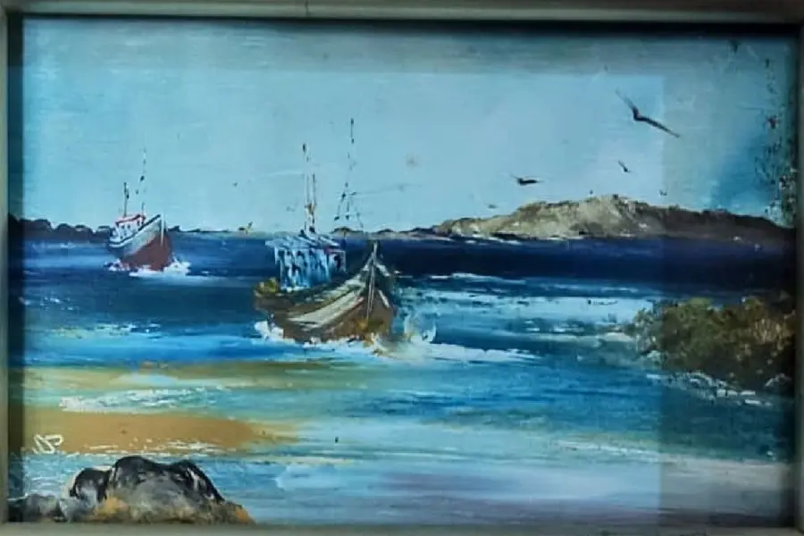 Foto de um(a) Quadro Marina Anos 90, da categoria de Pinturas. Quadro em acrílico sobre eucatex com moldura em madeira e prata, comprado em porto alegre no final dos anos 1990 Tela: 17 cm... Mostrado de uma perspectiva diferente. Vendido no marketplace Trésors.