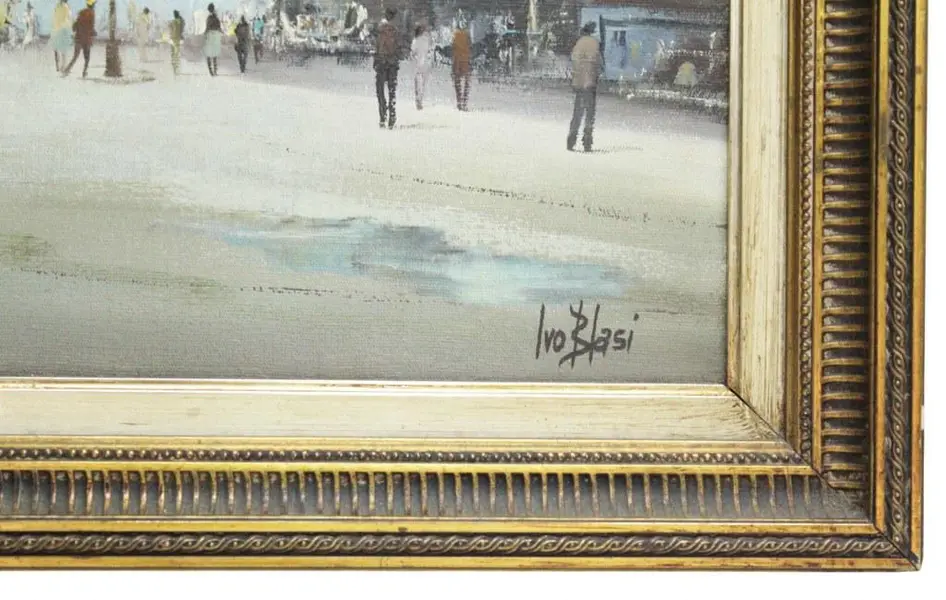 Foto de um(a) Quadro IVO BLASI "CENA URBANA EUROPEIA", da categoria de Pinturas. IVO BLASI "CENA URBANA EUROPEIA" - magnífica pintura, finamente executada em técnica de óleo sobre tela, representando... Mostrado de uma perspectiva diferente. Vendido no marketplace Trésors.