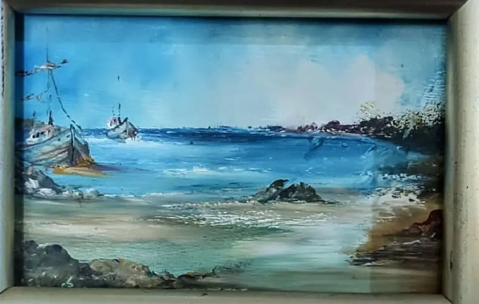 Foto de um(a) Quadro Blue Sea Anos 90, da categoria de Pinturas. Quadro marina em acrílico sobre eucatex com moldura em madeira e prata, comprado em porto alegre no final dos anos 1990... Mostrado de uma perspectiva diferente. Vendido no marketplace Trésors.