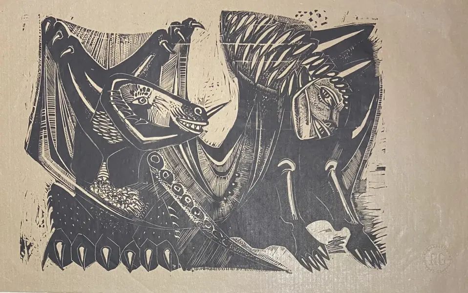 Foto de um(a) MARCELLO GRASSMANN - Xilogravura medindo 40,5 x 66 cm, não assinada, mas com chancela em relevo seco do ateliê de impressão Roberto Grassman, da categoria de Serigrafia. Marcelo Grassmann (São Simão, SP, 1925 - São Paulo, SP, 2013) foi um renomado gravador, desenhista, ilustrador e professor... Vendido no marketplace Trésors.