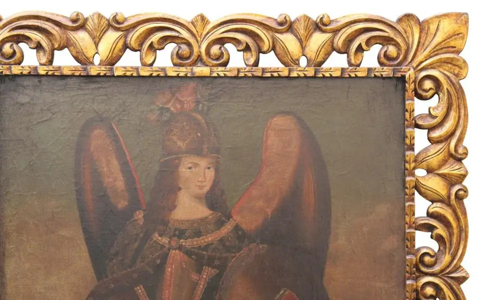 Foto de um(a) Quadro Cusquenho OSD de São Miguel arcanjo, da categoria de Outros objetos decorativos. Antigo e suntuoso quadro cusquenho OSD com figura de São Miguel arcanjo com moldura nobre, ricamente trabalhada com douração... Mostrado de uma perspectiva diferente. Vendido no marketplace Trésors.