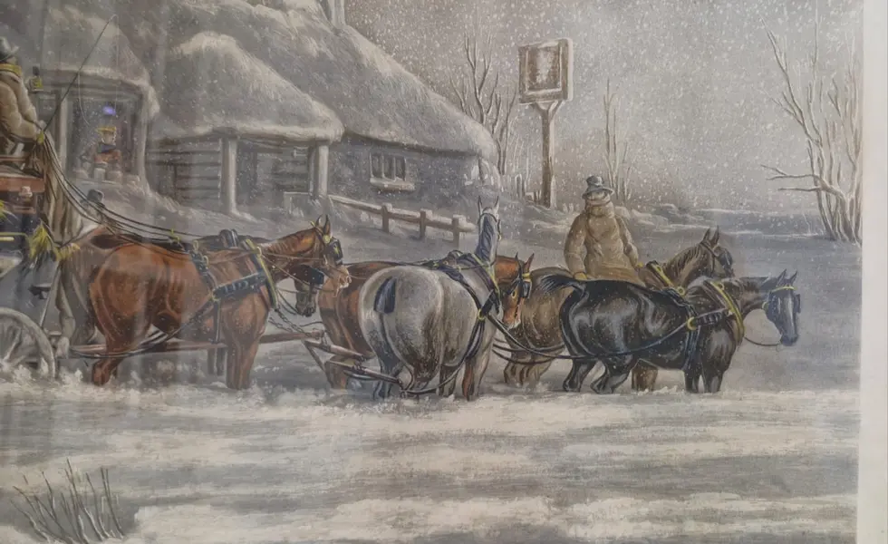 Foto de um(a) Renomada gravura inglesa com moldura em Jacarandá, da categoria de Impressões. Esta rara peça é uma renomada gravura histórica inglesa do tipo aquatinta, intitulada Knee Deep. Ela faz parte da célebre... Mostrado de uma perspectiva diferente. Vendido no marketplace Trésors.